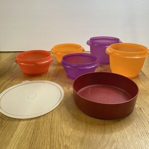 Vintage Lot of 5 Tupperware Bowls No Lids & 1 Container w/Lid Red Orange Purple
